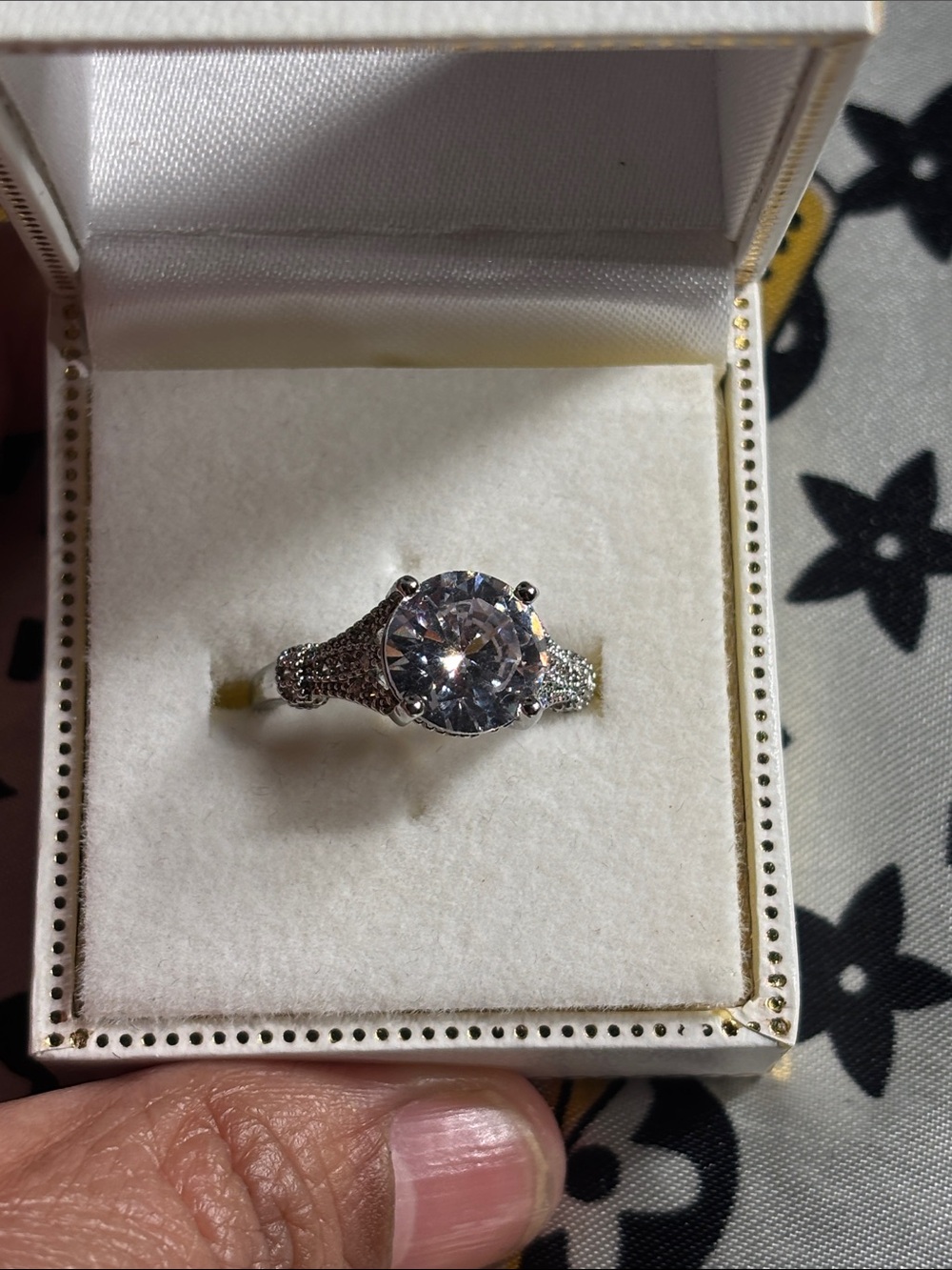 Silver Tone Round-Cut Solitaire Ring with Pave Band - Clear Size 8